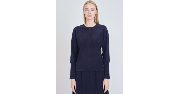 Navy Ribbed Comfort: Long Sleeve Tee | Modest Women Clothing - YAL